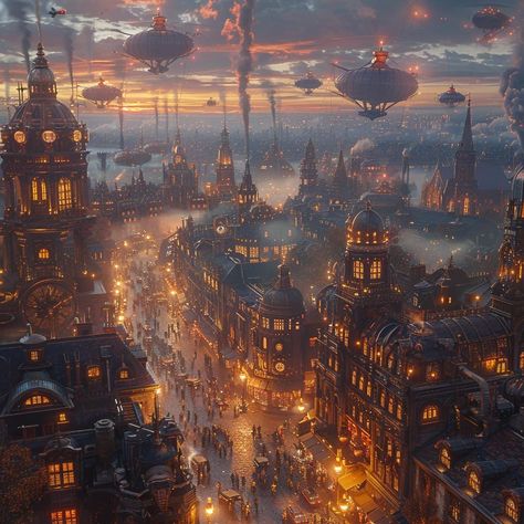 Enter a fantastical steampunk world with this stunning digital artwork of a bustling cityscape at dusk. The intricate brass and copper architecture, glowing street lamps, and floating airships create an industrial yet magical atmosphere, perfect for lovers of steampunk and sci-fi aesthetics. This high-quality digital download is ideal for adding a unique, vintage-inspired touch to your décor, ready for printing and framing to bring the charm of an alternate industrial age to any space. Steampunk Magic Fantasy Art, Steam Punk Architecture, Dark Steampunk Aesthetic, Steampunk Astethic, Steampunk Warehouse, Steampunk City Art, Steampunk Cities, Steampunk Kingdom, Steampunk London