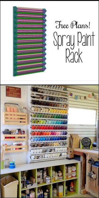 Woodworking Space, Spray Paint Storage, Woodshop Ideas, Garage Projects, Paint Rack, Paint Organization, Woodworking Organization, Craft Shed, Painting Shop