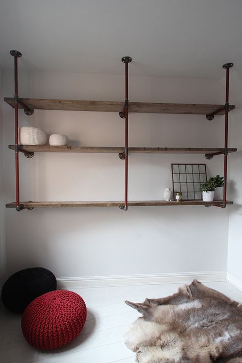 Reclaimed Scaffolding Boards and Steel Pipe Wall Mounted Shelving/Bookcase - Its salvaged vintage industrial design works perfectly in a sophisticated, casual living space.  This shelving system can be made to measure to your own specifications. The shelves pictured here are 300mm deep x 2130mm wide and 1680mm tall... but the skys the limit... these shelves can be made with double the number of steel pipe risers so it can be freestanding... the piping can be stripped of its red paint and the... Scaffold Board Shelves, Wall Mounted Shelving, Diy Shelving, Pipe Shelving, Computer Armoire, Vintage Industrial Design, Scaffold Boards, Steel Shelving, Salon Suites