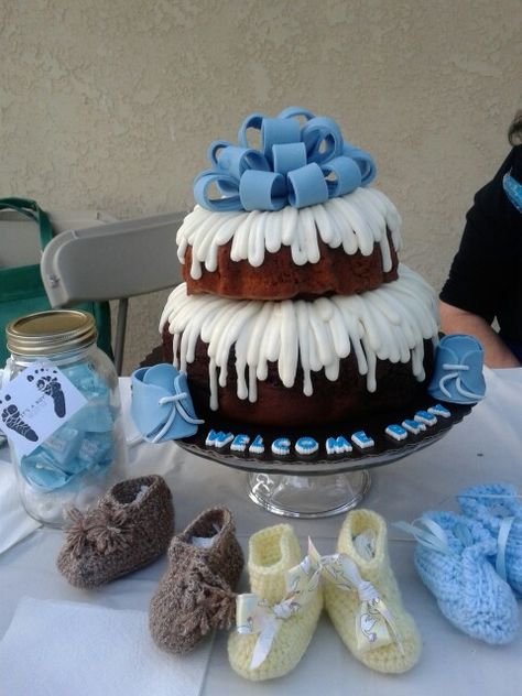 Love the creativity of our guests . . . Here is a perfect example: With two delicious bundts from nothingbundtcakes and my moms artistic mind it made my aunts day. Baby Shower Bundt Cake, Nothing Bundt, Nothing Bundt Cakes, Steak And Shrimp, Chocolate Bundt Cake, Bundt Cakes, Baby Cake, Boy Shower, Bundt Cake