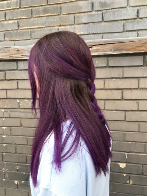 Brown Hair With Highlights Purple, Dark Purple Brunette Hair, Purple Hair Dye Ideas For Brown Hair, Purple Hair With Brown, Dark Purple On Brown Hair, Violet Dyed Hair, Light Brown Purple Hair, Light Purple Brown Hair, Purple Tint Hair Brown