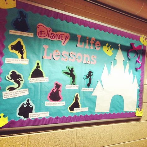 Disney Princess Bulletin Board! #RA #PittState #Dinsey #LifeLessons #Reslife #Princess Princess Bulletin Board Ideas, Disney Princess Bulletin Board, Disney Princess Door Decorations, Disney Princess Classroom Theme, Rapunzel Decorations, Castle Theme Classroom, Disney Bulletin Boards, Disney Lessons, Hoco 2022