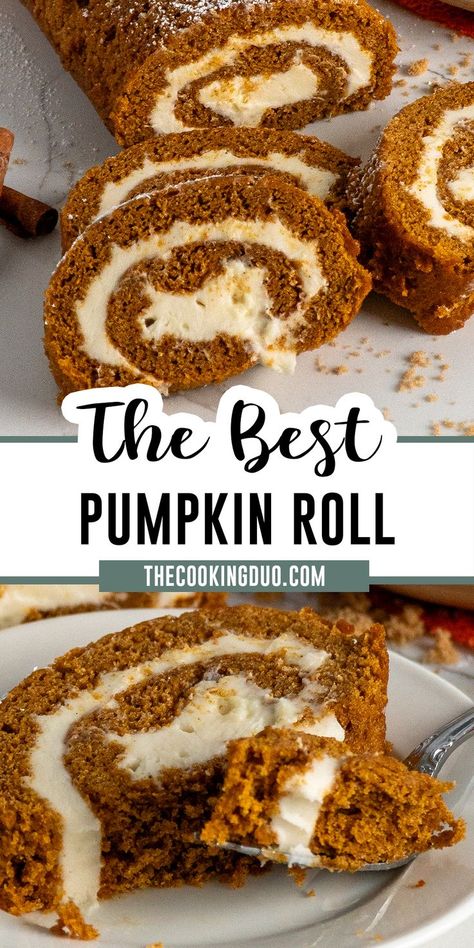 Close-up of pumpkin roll on a plate and white counter. No Bake Pumpkin Cheesecake Bars, Pumpkin Cream Cheese Roll, Pumpkin Roll Recipe, Pumpkin Roll Cake, Pumpkin Rolls Recipe, No Bake Pumpkin, Pumpkin Cheesecake Bars, No Bake Pumpkin Cheesecake, Cake Roll Recipes