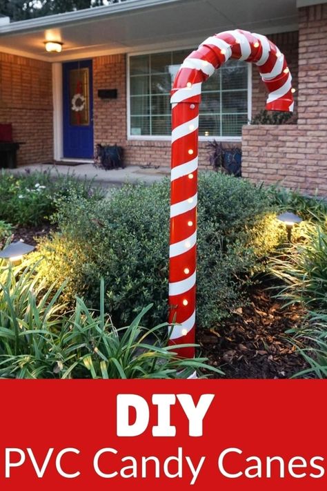 Pvc Candy Canes, Easy Outdoor Christmas Decorations, Holiday Yard Decor, Bricolage Halloween, Candy Cane Decorations, Diy Christmas Lights, Candy Land Christmas Decorations Outdoor, Candy Land Christmas Decorations Diy, Christmas Yard Decorations