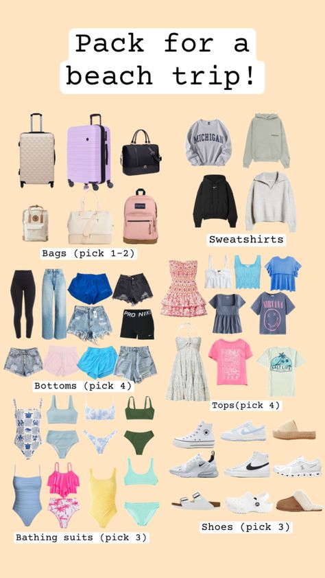 Pack for a beach trip! I made another one a few months ago but this one I feel is better. Honeymoon Bag Packing Lists, Preppy Beach Packing List, Stuff To Pack For The Beach, What To Pack For Vacation Preppy, Beach Vacay Packing List, What To Pack For The Lake, What To Pack For A Week At The Beach, Beach Packing List For Teenage Girl, Pack With Me For Florida