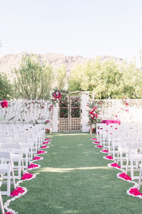 Roxanne and Brandon's El Chorro Wedding - Arizona florist Phoenix scottsdale Mesa chandler Sedona Prescott - Ceremony Decor Inspiration with Blush and Hot Pink Flowers Petal Aisle, Rose Petal Aisle, Ceremony Arches, Baby Pink Wedding, Wedding Arizona, Hot Pink Weddings, Hot Pink Flowers, Arch Flowers, Wedding Venue Decorations