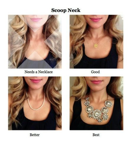 Pairing necklaces and necklines Necklace For Scoop Neckline, Necklaces With Necklines, Shape Theory, Neckline Necklace Guide, High Neck Evening Gown, Necklace For Neckline, Necklace Guide, V Neck Black Dress, Colors Combinations