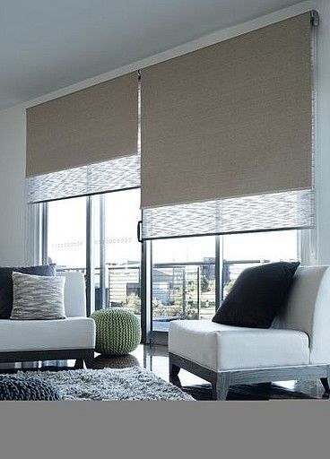 Dual Roller Blinds - Remodelista    http://www.shelleysassdesigns.com/ Roller Blinds Bedroom, Modern Roller Blinds, Blinds For Windows Living Rooms, Popular Window Treatments, Window Roller Blinds, Patio Blinds, Fabric Roller Blinds, Modern Blinds, Living Room Blinds