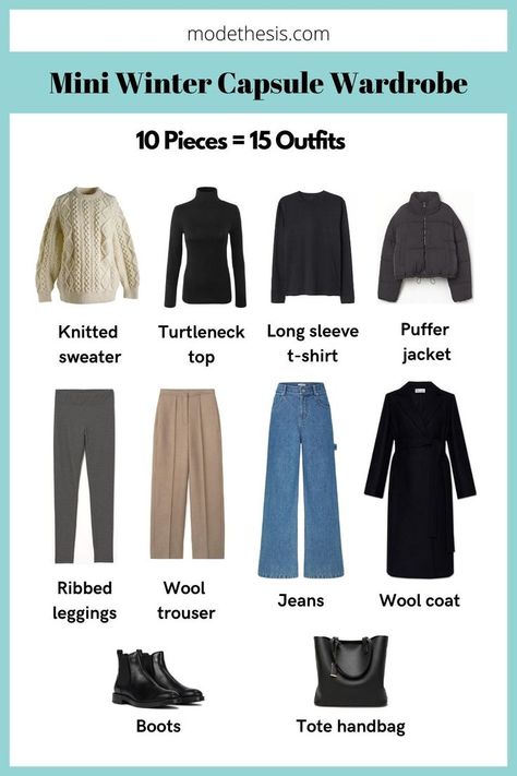 This is a mini winter capsule wardrobe suitable for travelers and minimalists! Learn how to create 15 outfit combinations from just 10 winter wardrobe essentials! 
This winter capsule wardrobe consists of 3 tops, 3 bottoms, 2 outerwear, 1 pair of footwear, and 1 bag. The color palette is black, grey and beige. January Europe Outfits, Minimal Winter Wardrobe, Winter Basics Wardrobe 2023, Winter Carry On Capsule Wardrobe, European October Outfits, Australian Winter Fashion 2024, Fall Travel Capsule Wardrobe Europe, Winter Fashion 2024 Australia, Japan Winter Outfit Women