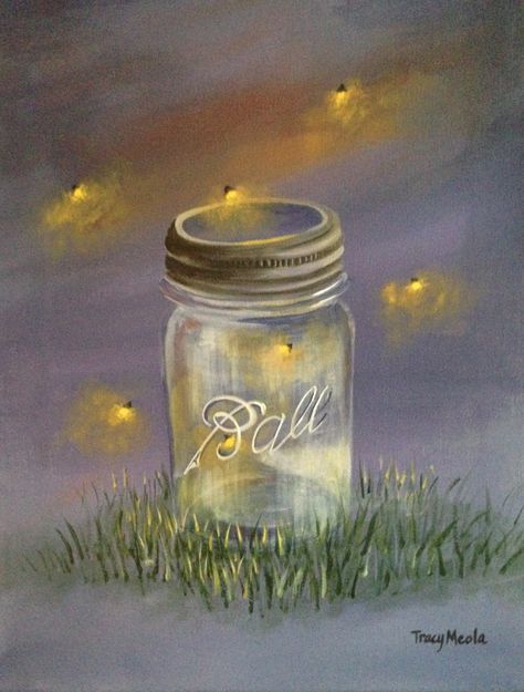 Catching Fireflies painting Acrylic on Canvas by Tracy Meola  Not Available Fireflies Painting, Mason Jar Painting, Firefly Painting, Jar Painting, Firefly Art, Catching Fireflies, Jar Art, Painted Jars, Painted Mason Jars