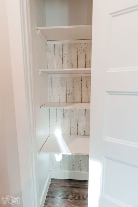 Tiny Pantry Closet, Diy Small Pantry Closet, Closet Turned Into Pantry, Small Pantry Closet, Melamine Shelving, Tiny Pantry, Closet Makeover Diy, Small Pantry Organization, Peel And Stick Wood