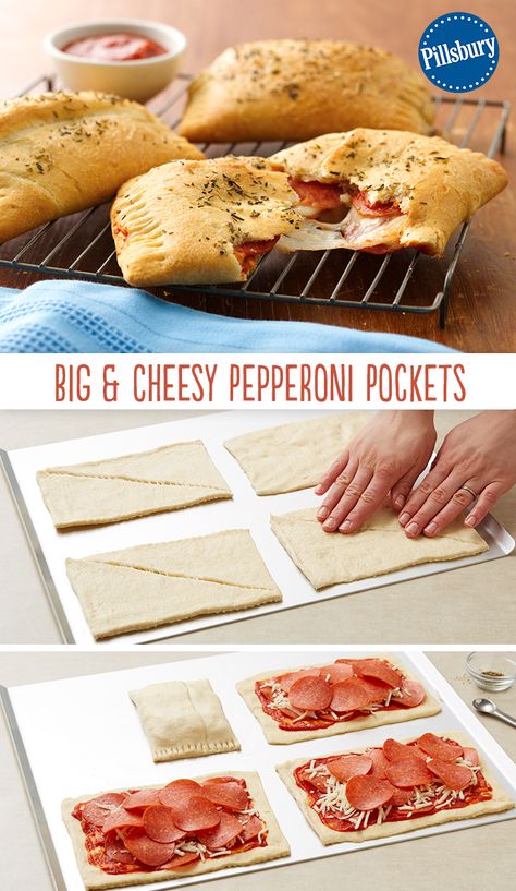 Pepperoni Pockets, Resep Sandwich, Pizza Pockets, Pillsbury Recipes, Crescent Roll Recipes, Läcker Mat, Crescent Rolls, Deep Dish, Dinner Rolls