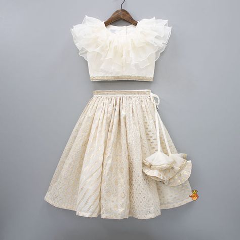 Organza Off White Frilly Top And Chanderi Embroidered Lehenga Onam Dress For Kids, Skirt And Crop Top Indian, Onam Dress, Organza Tops, Lehenga Top, Little Muffet, Frilly Top, Crop Top Lehenga, Kids Ethnic Wear