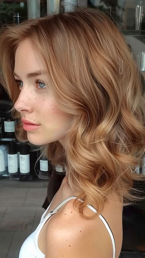 Autumn Vibes: 25 Must-Try Hair Colors for Fall 2024 Golden Toffee Hair, Caramel Hair Ideas, Caramel Hair Blue Eyes, Cool Tone Copper Hair, Ash Ginger Hair, One Tone Hair Color, Copper Caramel Hair, Warm Spring Hair Color, Soft Autumn Hair Color Ideas