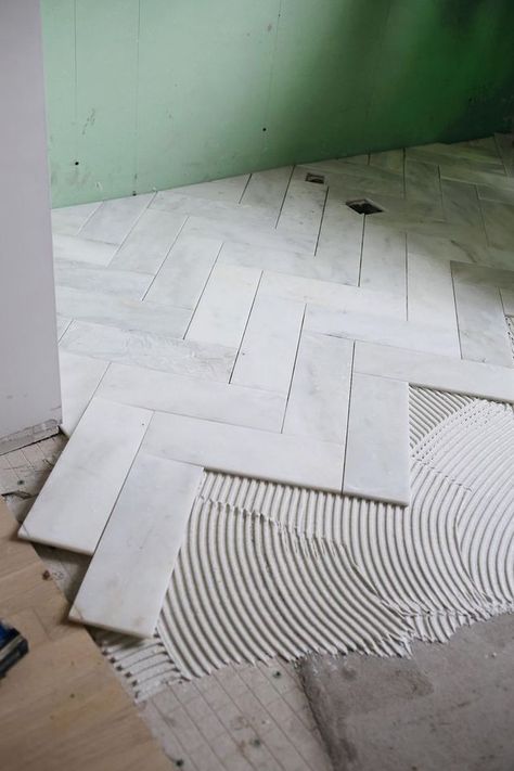 Try This: Herringbone Marble Tile | A Beautiful Mess | Bloglovin’ Unique Bathroom Tiles, Marble Bathrooms, Marble Tile Floor, Master Bath Remodel, Herringbone Tile, Unique Bathroom, Trendy Bathroom, Hus Inspiration, Bathroom Floor Tiles