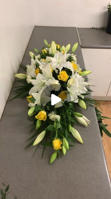 How To Arrange A Bouquet Of Flowers, Diy Casket Spray, How To Make A Floral Arrangement, Church Floral Arrangements, Yellow Floral Arrangements, Spray Bouquet, Roses And Carnations, Casket Flowers, White Flower Arrangements