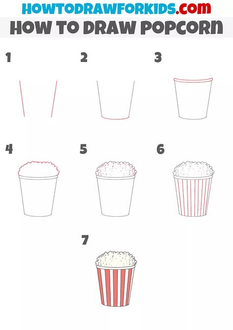 Popcorn Drawing Easy, How To Draw Popcorn, Popcorn Drawing, Drawing Easy Step By Step, Draw Food, Step Ideas, Easy Drawing Steps, Popcorn Kernels, Food Artwork