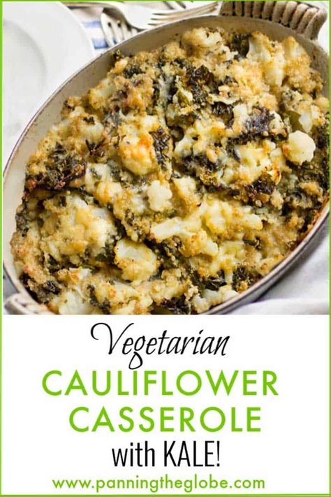 This Vegetarian Cauliflower Casserole recipe has cauliflower, kale, quinoa and sharp cheddar cheese. It satisfies like mac & cheese but it's way healthier! #CheesyCauliflower #CauliflowerCasserole #CheesyCauliflowerBake #VegetarianCasserole #HealthyRecipe Califlower Casserole, Kale Casserole Recipes, Vegetarian Casserole Recipes, Kale And Quinoa, Cauliflower Casserole Recipes, Healthy Casserole, Quinoa Kale, Kale Quinoa, Yummy Veggies