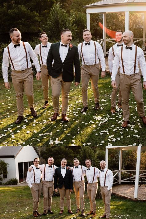 Stylish suspenders and tan chinos make for a summery groomsmen ensemble. We love the bowties and earthy tones! Brown And Green Groomsmen Attire, Groomsmen Khaki Pants, Groomsmen Suspenders And Bowties, Groomsmen Attire Khaki, Khaki Groomsmen, Casual Groomsmen Attire, Casual Groomsmen, Suit Inspiration, Groomsmen Suspenders