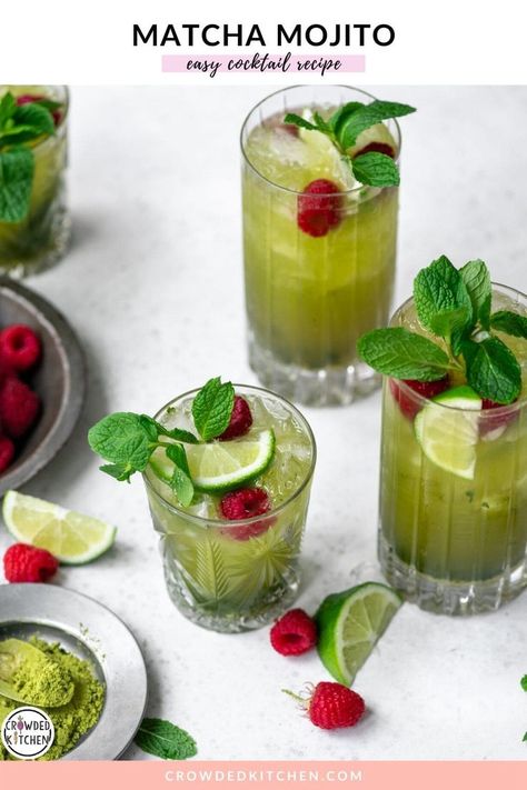 This gorgeous green Matcha Mojito is verdant, earthy and a fun twist on a classic cocktail. Perfect for entertaining! Matcha Mojito, Mexican Martini Recipe, Matcha Cocktail, Matcha Drink Recipes, Cedar Door, Crowded Kitchen, Mojito Mocktail, Matcha Drink, Matcha Recipe