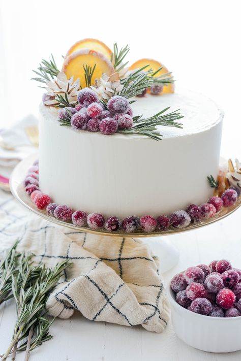 Orange Layer Cake on cake pedestal with back lighting. White Cake With Orange Slices, Christmas Fruit Cake Ideas Decoration, Winter Citrus Cake, Iced Christmas Cake, Dried Orange Cake Decoration, Christmas Cakes Buttercream, Merry Birthday Cake, December Cake Ideas, Christmas Cake Decor Ideas