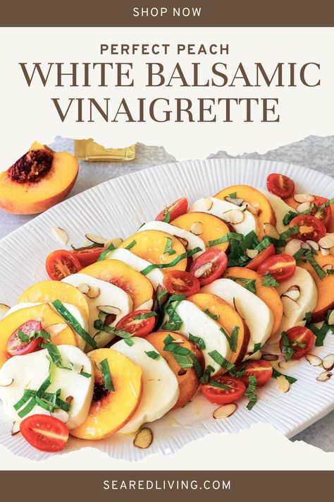 Elevate your taste with our summer peach balsamic! We all know that caprese salad is a great summer snack. What a lot of people don’t know is that caprese salad; however delicious, has a distant cousin that is just as good, if not better! Peach Caprese Salad is a fun twist on the original version. It is perfect for summer snacking or to pair with you favorite meal. Easter Caprese Salad, Hot Summer Food Ideas, Peach Caprese Salad, Peach Caprese, White Balsamic, Mediterranean Diet Recipes, Mediterranean Recipes, Summer Salads, Caprese Salad