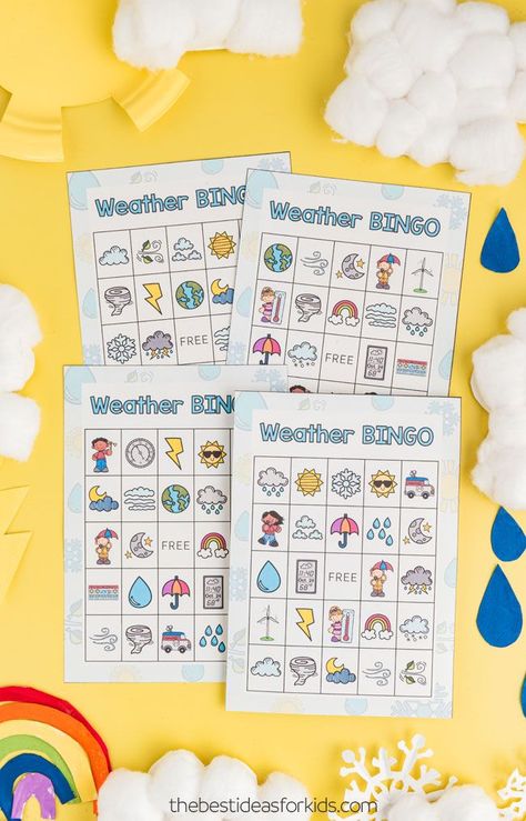 weather bingo printables Weather Activities Elementary School, Weather Bingo Free Printable, Weather Games For Kids, Playing Preschool, Weather Kindergarten, Bingo Free Printable, Joy School, Fun Rainy Day Activities, Custom Bingo Cards