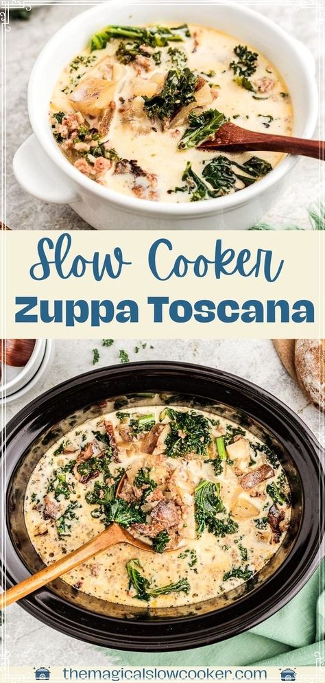 Try Zuppa Toscana made in the crock pot, with potatoes, sausage, and kale. Great for a weeknight dinner. You will love this easy copycat Zuppa Toscana recipe that is an Olive Garden Copycat! Crockpot Zuppa Toscana, Zuppa Toscana Soup Olive Garden, Toscana Recipe, Olive Garden Copycat, Zuppa Toscana Soup, Toscana Soup, Vegetarian Crockpot Recipes, Italy Home, Zuppa Toscana