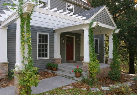 Front porch idea Exterior Remodel Before And After, 70s House Exterior, Front Porch Pergola, Front Porch Addition, Porch Remodel, Porch Addition, Front Porch Design, Front Patio, Exterior Remodel