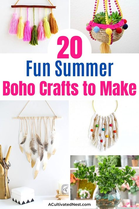 20 Fun Boho Crafts to Make This Summer- A fun and frugal way to add a playful boho vibe to your home this summer is with this collection of fun boho crafts! They're so easy to make! | #crafting #boho #DIY #bohoCrafts #ACultivatedNest 1970s Crafts Ideas, Diy Boho Dreamcatcher, Bohemian Crafts Diy, Diy Boho Decor Ideas Crafts, Easy Diy Boho Home Decor, Diy Bohemian Decor Crafts, Boho Ideas Diy, Adult Diy Crafts, Quick Crafts For Adults