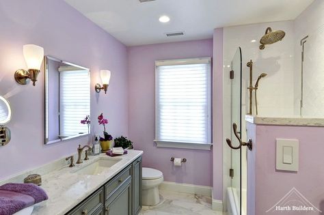 30 Purple Primary Bathroom Ideas (Photos) Lilac Bathroom Ideas, Taupe Vanity, Gray And Purple Bathroom, Primary Bathroom Ideas, Lilac Bathroom, Purple Dining, Purple Dining Room, Lavender Bathroom, Purple Bathroom Decor