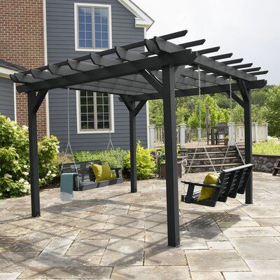 The pergola creates an earthy feel with its open and clean-lined support beams that meet to provide natural shade. This is a structure that will withstand even the harshest climates to provide an airy and sturdy escape year after year. The pergola is as “easy on the eyes” as it is on the body… meaning no sanding or staining required ever. The Porch swings bring carefree relaxation and seating to the arrangement, making it a perfect addition to any outdoor entertaining space. A mounting kit and f Pergola Metal, Pergola Diy, Steel Pergola, Wood Pergola, Pergola Kits, Diy Pergola, Shade Sail, Outdoor Oasis, Outdoor Shade