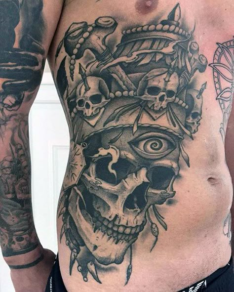 Mens Side Tattoos, Chest Tattoos For Men, Rib Tattoos For Guys, Cage Tattoos, Bauch Tattoos, Pirate Tattoo, Ribcage Tattoo, Evil Tattoos, Cool Chest Tattoos