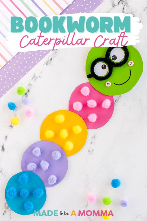 A fun and simple bookworm caterpillar craft to celebrate reading with kids in elementary school as they learn to love reading. Preschool Reading Crafts, Worm Arts And Crafts For Kids, Books And Crafts For Kids, Bookworm Craft, Book Crafts For Kids, Worm Craft, Book Themed Crafts, Worm Crafts, Bus Crafts