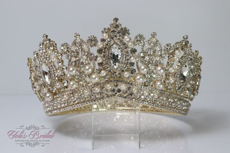 "FAST SHIPPING Beautiful sparkling crystal tiara plated gold. Perfect for your Quinceañera, Wedding, First Communion or Confirmation. It has a loop at the end of each side to attach it in your hair with bobby pins for added security. Approx. 3.75\" tall at its tallest point We usually ship within 1-2 business days. Style-RN205G" Big Gold Crown, White And Gold Quinceanera Crown, Gold Quince Crowns Big, Xv Crowns, Gold Crown Quinceanera, Quinceañera Crowns, Quince Crowns Gold, Quinceanera Crowns Gold, Hair With Bobby Pins