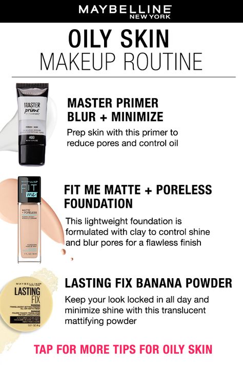 Oily skin makeup routine: Maybelline Master Prime Blur + Smooth Primer, Fit Me Matte + Poreless Foundation, and Lasting Fix Banana Powder. All Day Stay Makeup, Make Up For Oily Skin How To Apply, Primer For Oily Skin And Large Pores, Best Primer For Oily Skin And Pores, Fit Me Primer, How To Make Makeup Stay On All Day, Skin Prep For Makeup, Best Makeup Products For Oily Skin, Oily Skin Makeup Products