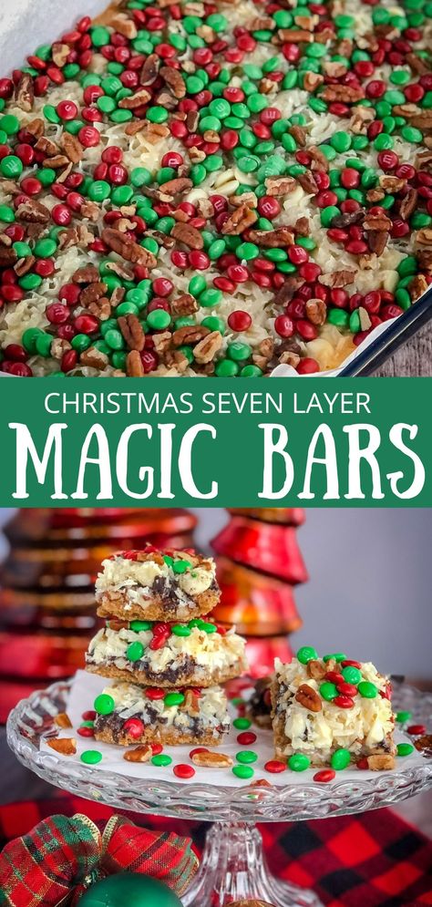 Christmas Seven Layer Magic Cookie Bars Christmas Magic Cookie Bars Holidays, Magic Christmas Bars, Holiday Magic Bars, M&m Magic Bars, Christmas Magic Cookie Bars, 7 Layer Magic Cookie Bars Eagle Brand, Christmas Magic Bars, Eagle Brand Recipes Condensed Milk Magic Cookie Bars, Layered Cookie Bars