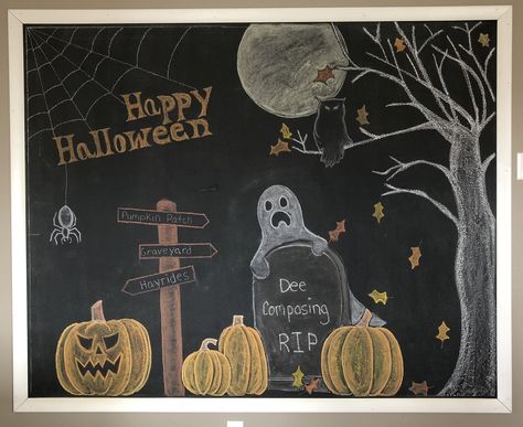 C.R. Halloween  board 2018 Halloween Chalk Board Decor, Whiteboard Art Halloween, Halloween Chalkboard Art Diy, Chalk Halloween Art, Spooky Chalkboard Art, Halloween White Board Ideas, Halloween Whiteboard Art, October Chalkboard Art, Halloween Chalk Art