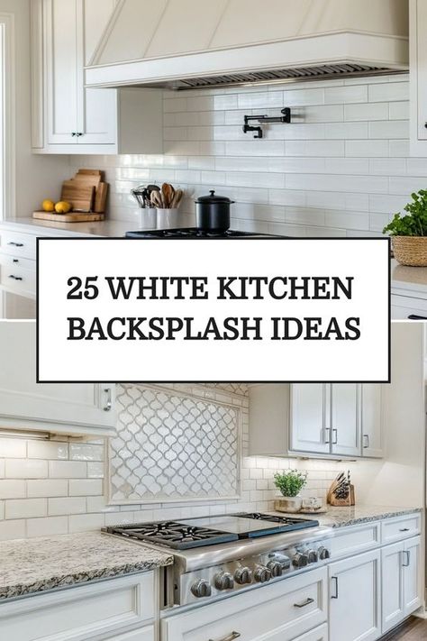 Discover stunning white kitchen backsplash ideas for your modern farmhouse style. Be inspired by chic white tiles that elevate your kitchen's aesthetic. Whether you prefer a classic subway tile or a unique brick design, these ideas will transform your space. Create a bright, clean look with these contemporary white kitchen backsplash options. From sleek tiles to textured bricks, find the perfect inspiration for your home renovation project. White Backsplash With White Countertops, Kitchen Backsplash Antique White Cabinet, Small Kitchen Tile Backsplash, Unique White Tile Backsplash, Classic White Backsplash, Most Popular Backsplash Kitchen, White Kitchen With White Subway Tile, Kitchen Backsplash Classic, White Kitchen Cabinets And Backsplash