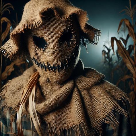 A creepy scarecrow made from burlap with a stitched face, perfect for adding a rustic and eerie touch to your Halloween decorations. This figure is ideal for haunted houses, corn mazes, or as a standalone creepy prop. Halloween Scarecrow Decorations, Creepy Scarecrow, Scarecrow Decorations, Scary Scarecrow, Scary Pumpkin Faces, Scary Halloween Decorations Outdoor, Creepy Masks, Scarecrow Face, Halloween Digital Art