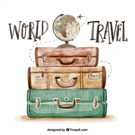 Cute watercolor background with luggage Free Vector | Free Vector #Freepik #vector #freebackground #freewatercolor #freetravel #freehand Globe Vector, Travel Drawing, Safe Journey, Travel Icon, Lukisan Cat Air, Travel Illustration, Global Travel, Photos Hd, Wall Decor Stickers