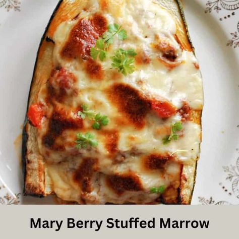 Mary Berry Stuffed Marrow Recipe Mary Berry Recipes, Stuffed Marrow, Mary Berry Cooks, Marrow Recipe, Pea And Mint Soup, Allotment Ideas, Beetroot Soup, Mary Berry Recipe, British Recipes