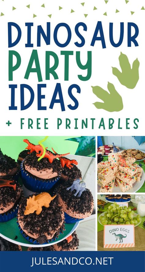 Try these easy dinosaur birthday party ideas for kids! Steal my favorite DIY ideas plus free printables to make your party ROAR! Dino Party Food, Dinosaur Birthday Party Food, Dinasour Birthday, Dinosaur Party Food, Dinosaur Party Ideas, Dinosaur Birthday Party Ideas, Party Food Signs, Dinosaur Food, Dinosaur Party Decorations