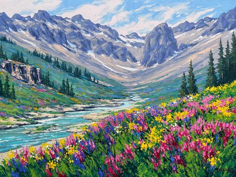 Big Nature Painting, Canvas Painting Landscape Acrylics, Mountains Canvas Painting, Panoramic Art, Horizontal Landscape, Laptop Screens, Easy Flower Painting, Oil Painting Nature, Oil Pastel Art