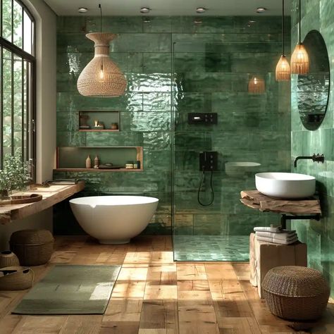 42 Stunning Bathroom Tile Ideas: Trending Designs Calm Bathroom Ideas, Bangkok Apartment, Unique Bathroom Ideas, Green Bathroom Tiles, Modern Green Bathroom, Restaurant Toilet, Green Tile Floor, Large White Tiles, Unique Bathroom Tiles