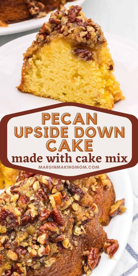 This pecan upside down cake is a super easy dessert you can whip up for the holidays, thanks to a cake mix! It's a decadent treat that's perfect for Thanksgiving or Christmas, and it disappears fast! Pecan Upside Down Cake Recipe, Pecan Upside Down Cake, Easy Thanksgiving Dessert, Super Easy Dessert, Thanksgiving Goodies, Yellow Cake Mix Recipes, Pecan Pie Cake, Upside Down Cake Recipe, Recipes Using Cake Mix