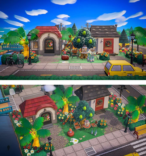 Adorable houses designed next to streets and sidewalks. If you love Animal Crossing and if you live in the suburbs then you'll feel right at home with these cute design ideas. Acnh Mansion Ideas, Animal Crossing Street, Neighborhood Animal Crossing, Animal Crossing Neighborhood, Acnh Suburban, Animal Crossing Neighborhood Ideas, Acnh Neighborhood Designs, Acnh Street, Acnh Neighborhoods Layouts