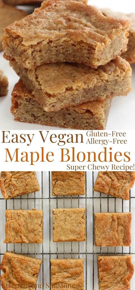 Gluten-Free Maple Blondies (Vegan, Allergy-Free) | Strength and Sunshine | These super easy Gluten-Free Maple Blondies are vegan, allergy-free, and just 8 ingredients! Incredibly chewy, soft, buttery, and packed with rich maple and caramel-y brown sugar flavors! This simple nut-free, dairy-free, and eggless blondie recipe is a lightened up and healthy treat everyone will be reaching for! #blondies #veganblondies #glutenfreeblondies #eggless #maple #maplesyrup Maple Blondies, Nut Free Desserts, Autumn Dessert, Dump And Bake, Gluten Free Dairy Free Dessert, Vegan Baking Recipes, Easy Vegan Dessert, Nut Free Recipes, Vegan Gluten Free Recipes