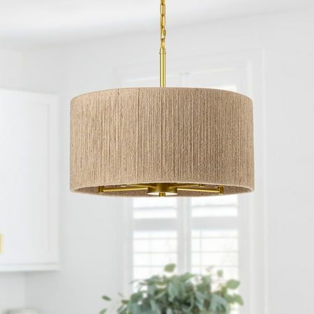 Capturing a breezy coastal vibe for your home with this 5-light chandelier. The frame of this bold chandelier is made of metal construction with a handwoven jute rope lampshade on the outside, which is eco-friendly while adding texture and visual interest. The gold finished hardware compliments each design with a metallic accent. Inside, five gold-tone metal candle holders hold five 60W bulbs in E12 bases. It hangs from the circular canopy and has an adjustable chain so it can be easily placed o Drum Shade Chandelier, Rope Chandelier, Guest Bedroom Design, Hanging Pendant Light, 5 Light Chandelier, Kitchen Lighting Fixtures, Drum Chandelier, Metal Candle Holders, Dining Room Chandelier