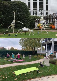 Skeletons In Yard Halloween, How To Stage Skeletons, Skeletons Doing Yoga, Halloween Yard Walk Through, Halloween Skeletons Camping, Funny Things To Do With Skeletons For Halloween, Posed Skeleton Ideas, Funny Skeleton Yard Poses Halloween, Staging Skeletons